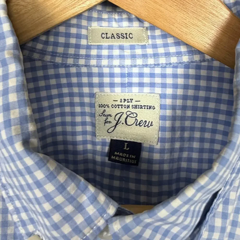 J. Crew Mens L Blue Gingham Check 100% Cotton Button Down Shirt Long Sleeve